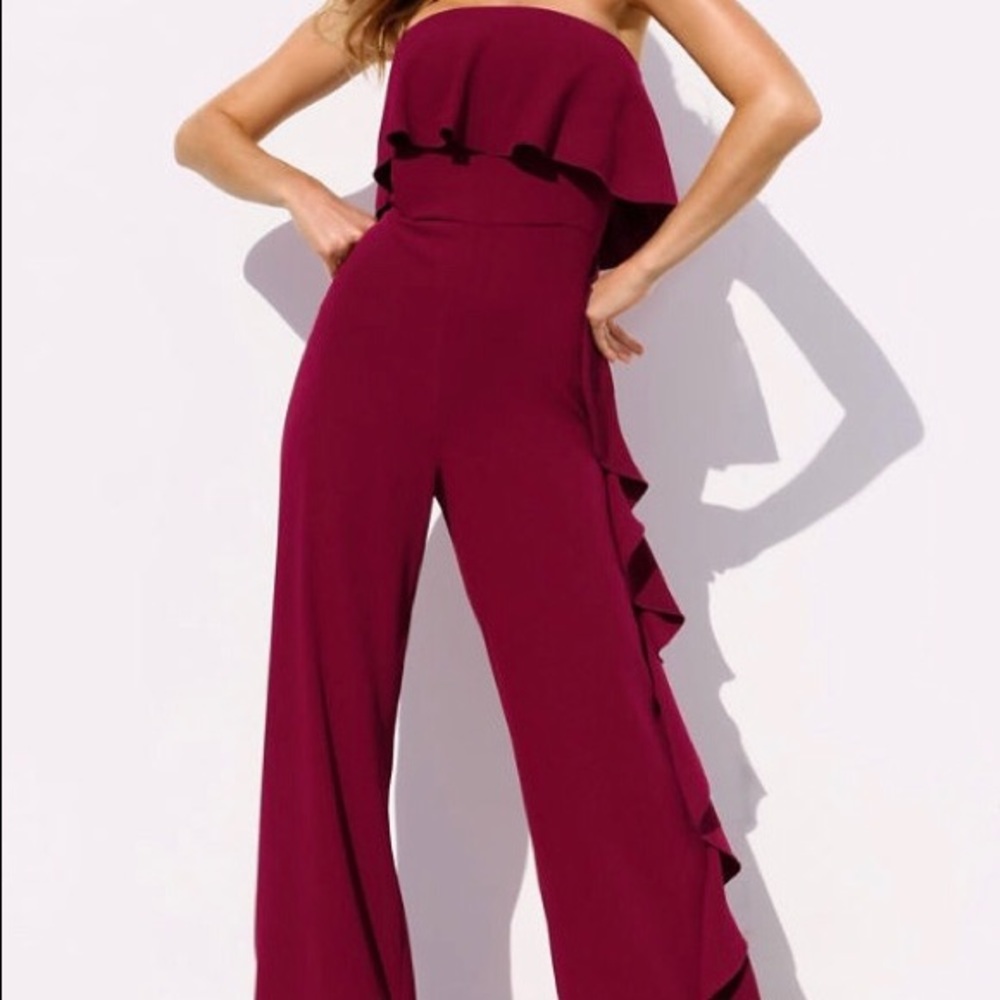 NEVER WORN Boston Proper Burgundy Ruffle Jumpsuit